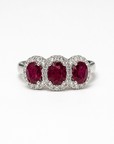 14K White Gold Ruby & Diamond Halo Three-Stone Ring – 1.59 CTW