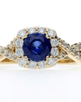 14K Yellow .97ct Round Sapphire Halo Ring with Twisted Band D=0.60ctw