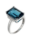 14K White Gold 15ct Emerald-Cut London Blue Topaz & 0.48ct TW Diamond Halo Dinner Ring