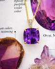 10K Yellow Gold Cushion Amethyst Diamond Pendant 12mm .12ctw Elegant 1.5-1.5