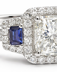 Radiant Diamond and Sapphire Halo Ring