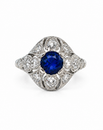 Edwardian Platinum Sapphire and Old European Cut Diamond Filigree Ring