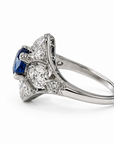 Edwardian Platinum Sapphire and Old European Cut Diamond Filigree Ring