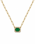 14KT Yellow Gold Paperclip Chain Necklace with Emerald and Diamond Halo Pendant