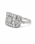 Platinum Art Deco Diamond Ring with .32ct European Cut Center Diamond and .60cttw Side Diamonds