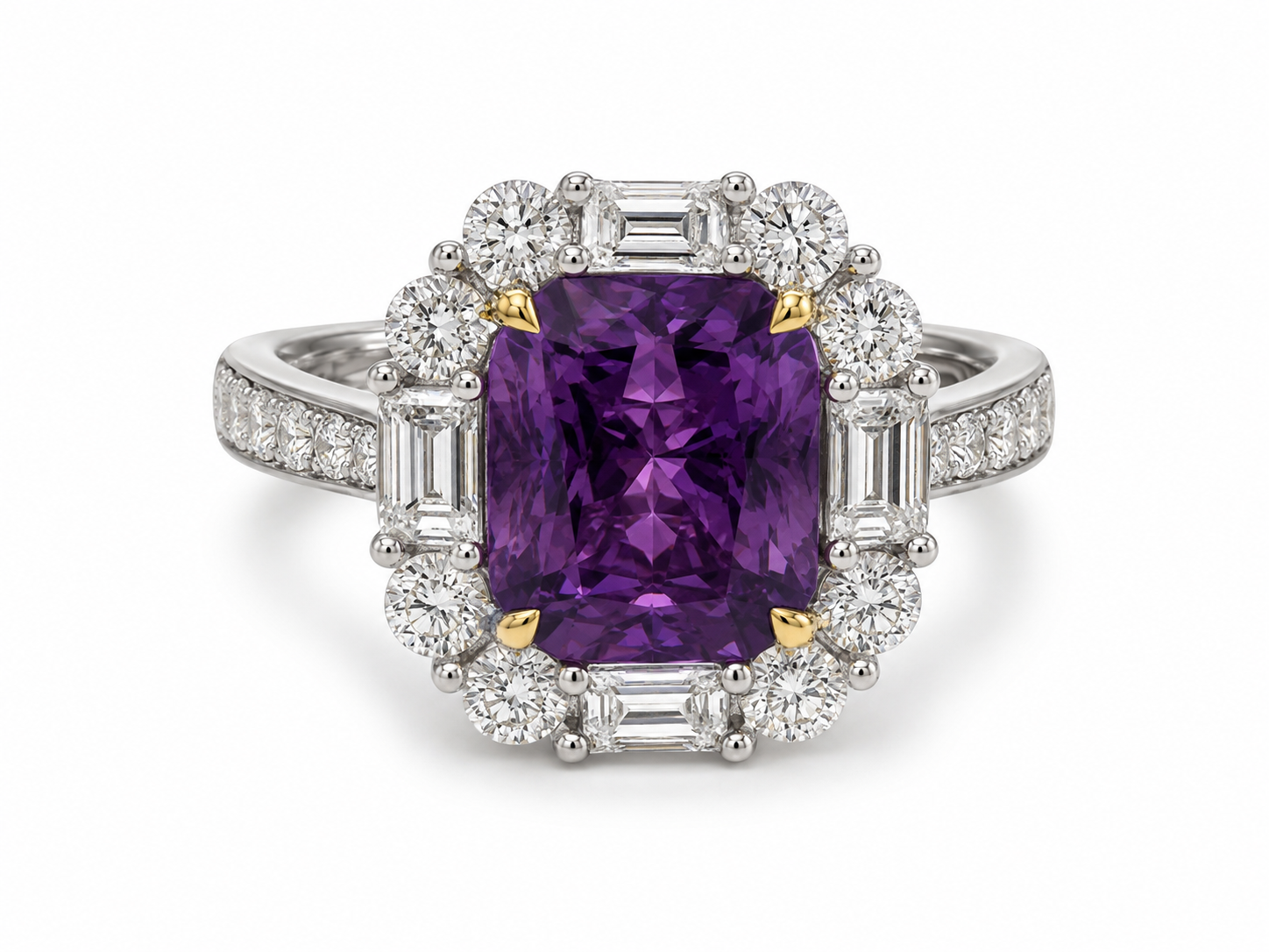 18K White Gold Radiant-Cut Purple Sapphire &amp; Diamond Ring – 4.22 CTW