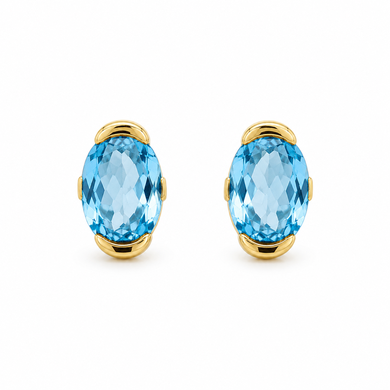 14K Yellow Gold Blue Topaz Stud Earrings | Oval Blue Topaz Earrings