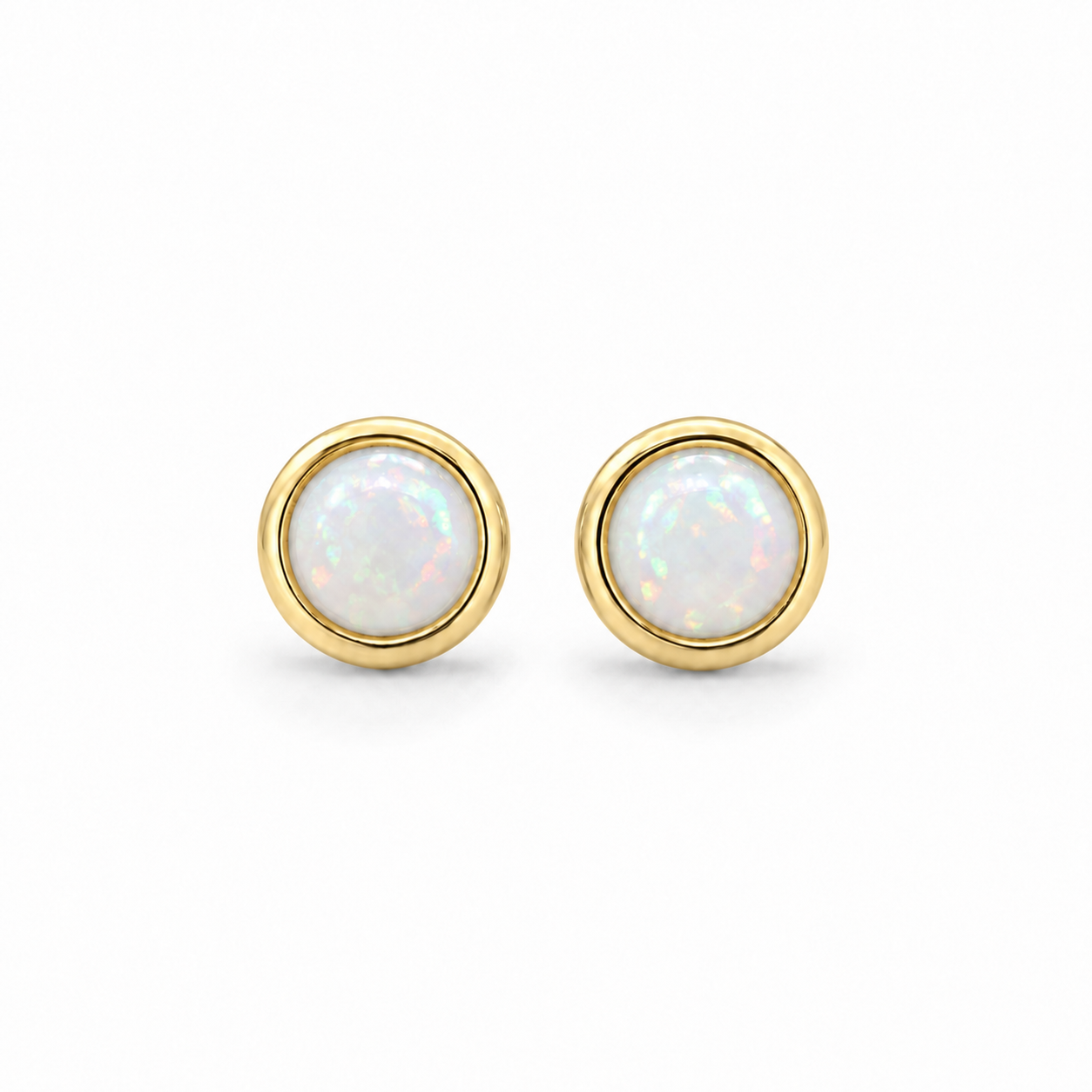 Yellow Gold Plated Sterling Silver Round Bezel Set Opal Stud Earrings