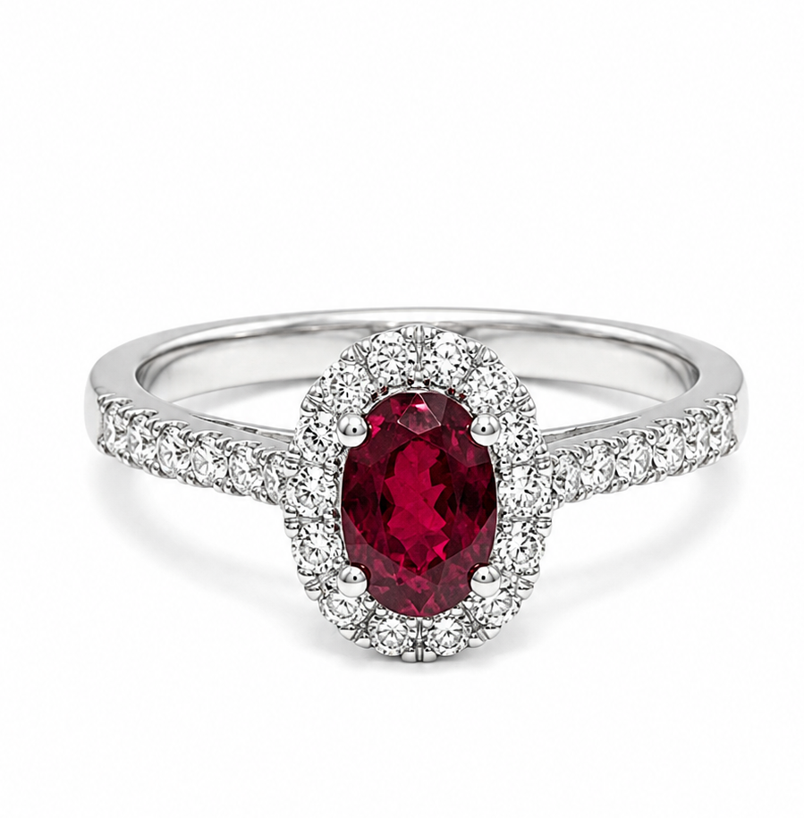 14K White Gold Oval Ruby &amp; Diamond Halo Ring – 0.76 CT Ruby