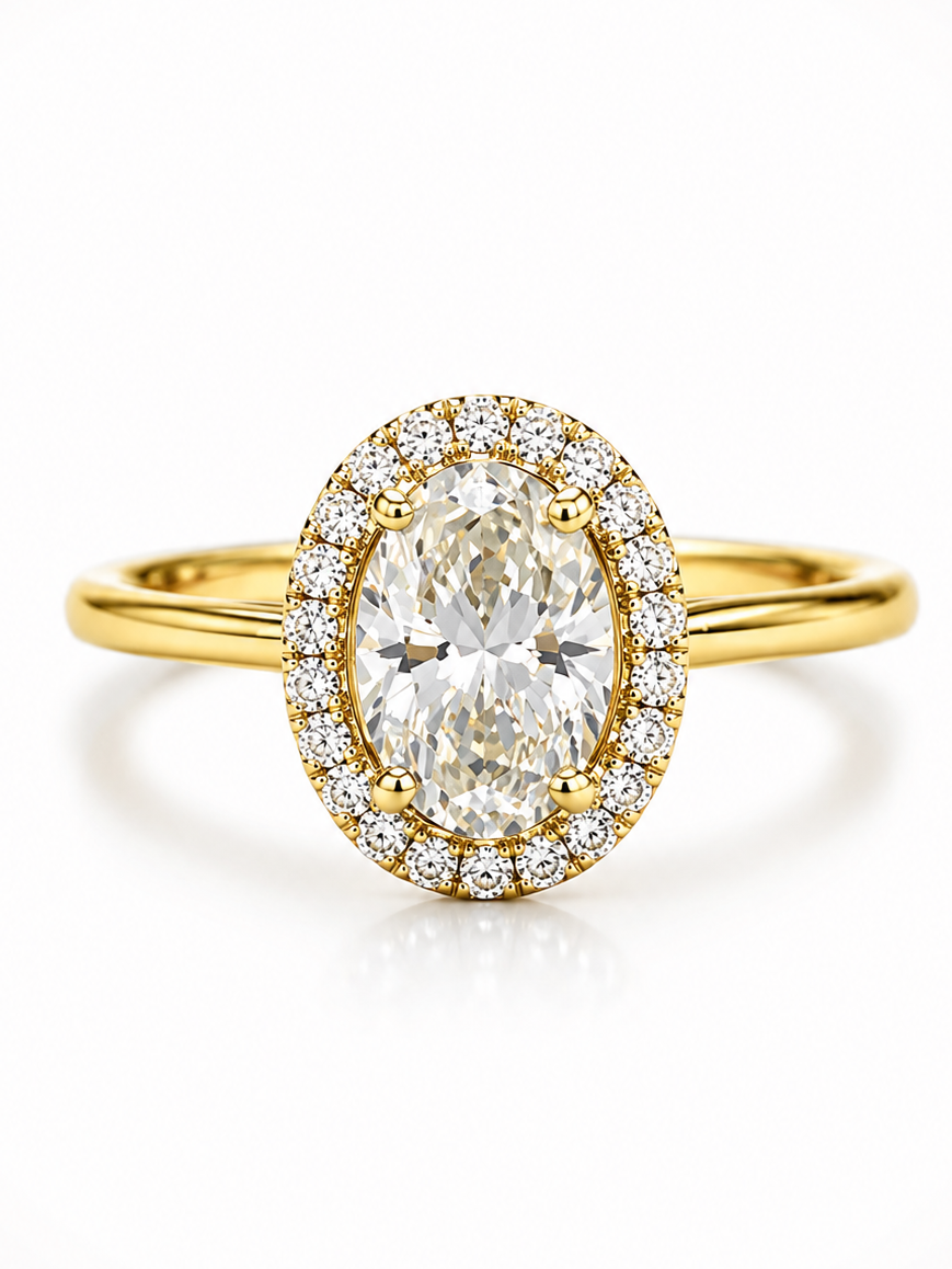 14K Yellow Gold Oval Diamond Halo Engagement Ring – 1.00 Carat Center Diamond, I Color VS1 Clarity