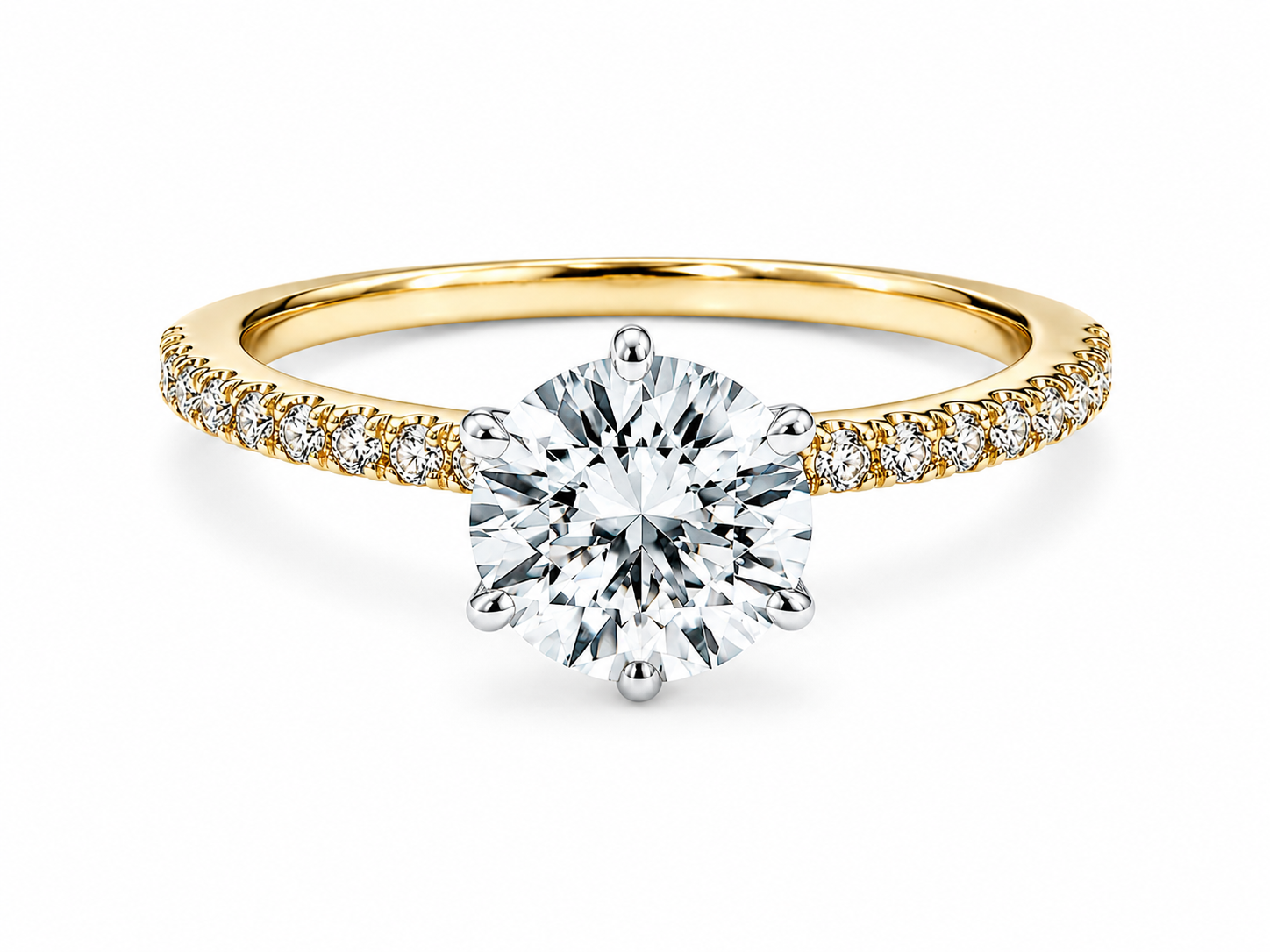 14K Yellow and White Pave Engagement Ring with 0.92ct Round Natural Diamond