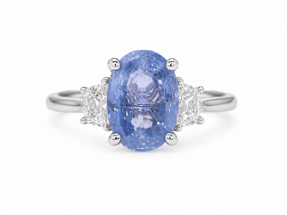 14K White Gold Light Blue Sapphire &amp; Lab-Grown Diamond Three-Stone Ring – 8.76 CT