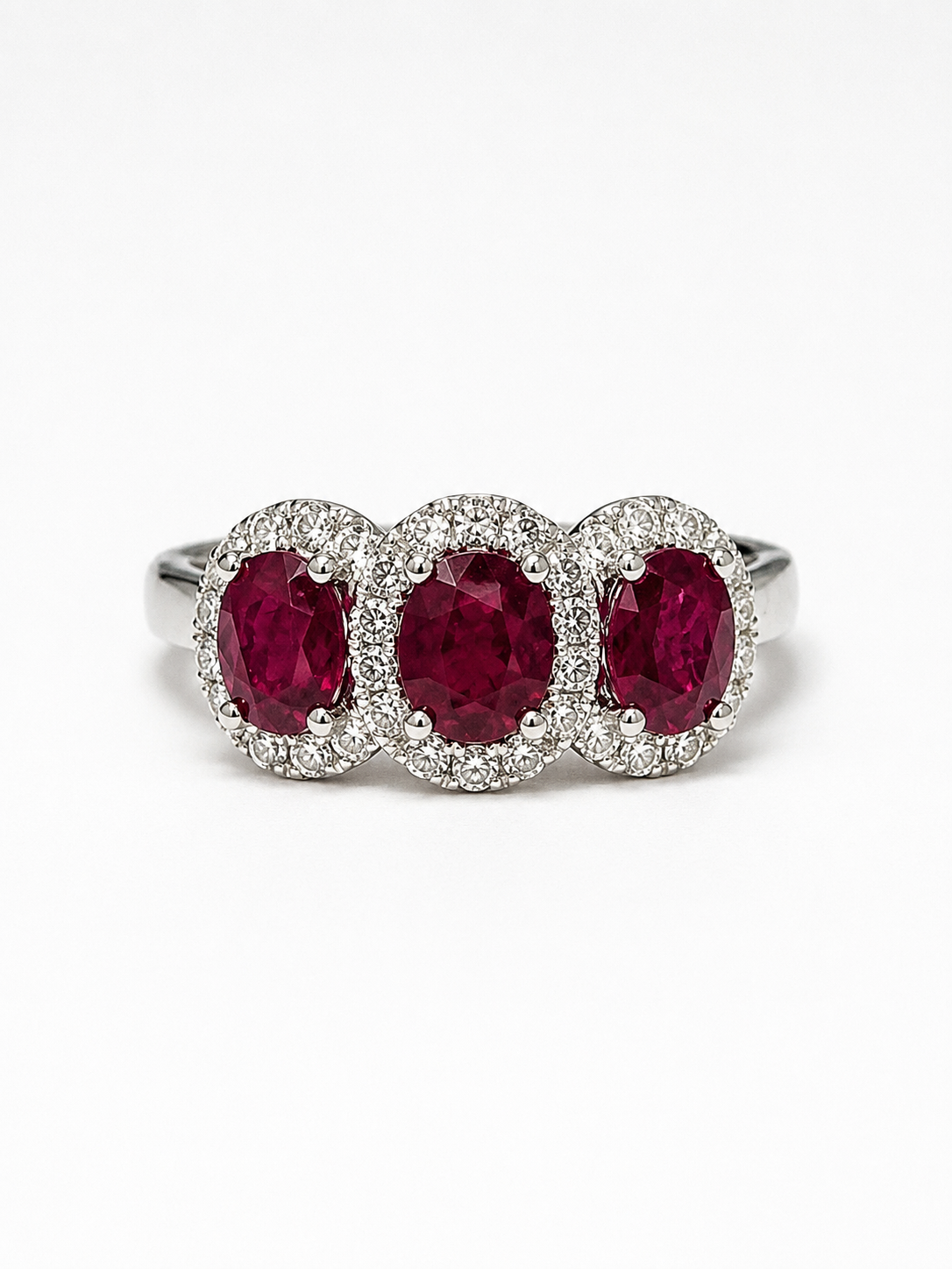 14K White Gold Ruby &amp; Diamond Halo Three-Stone Ring – 1.59 CTW