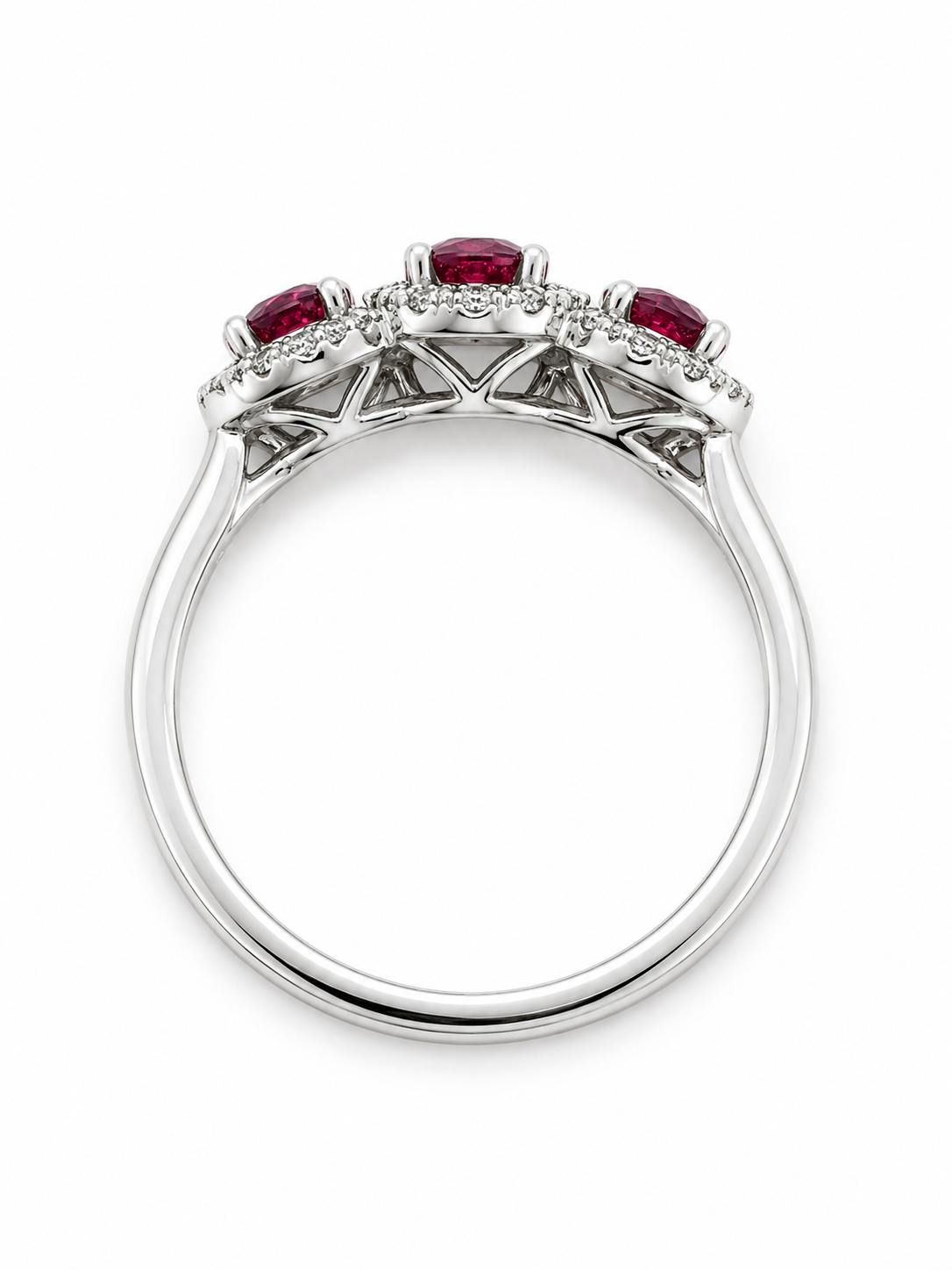 14K White Gold Ruby &amp; Diamond Halo Three-Stone Ring – 1.59 CTW