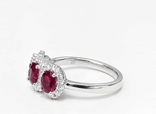 14K White Gold Ruby &amp; Diamond Halo Three-Stone Ring – 1.59 CTW