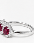 14K White Gold Ruby & Diamond Halo Three-Stone Ring – 1.59 CTW