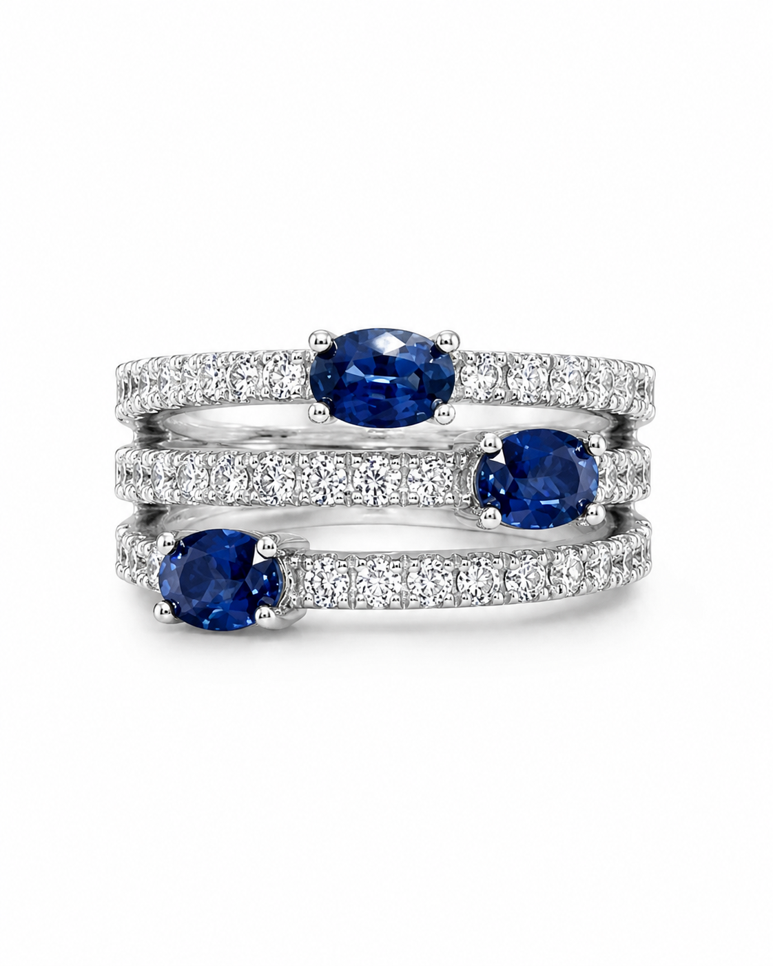 14K White Gold Three-Row Sapphire &amp; Diamond Band Ring | 1.78 CTW Sapphires