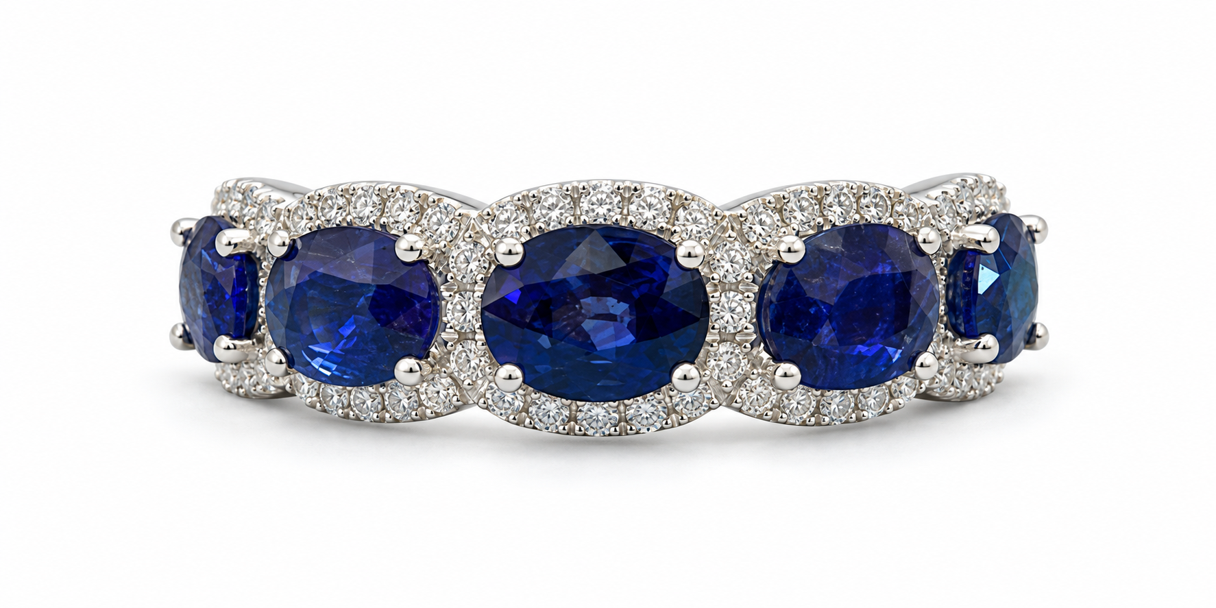 18K White Gold Sapphire &amp; Diamond Halo Band – 2.73 CTW