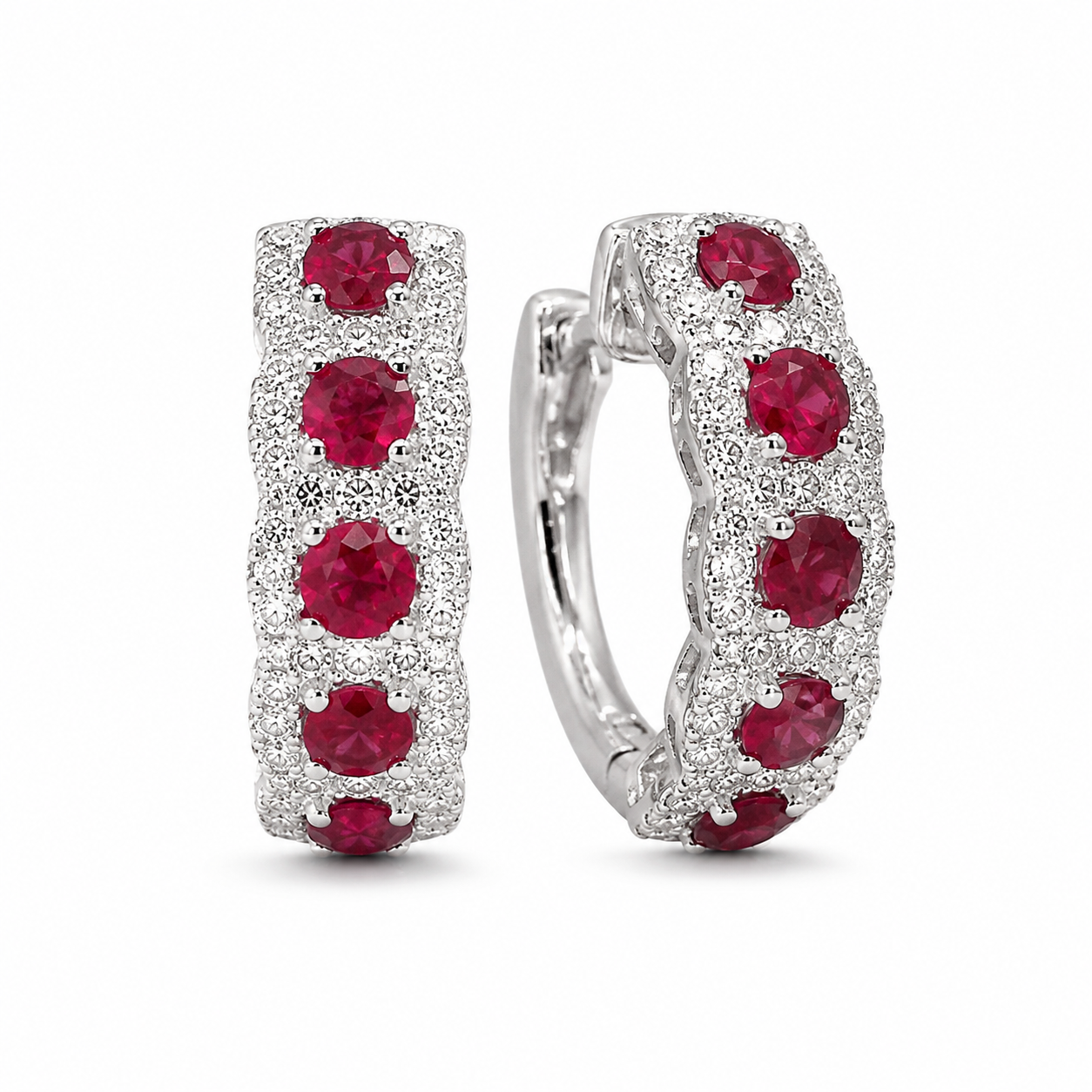 14K White Gold Ruby &amp; Diamond Halo Huggie Hoop Earrings