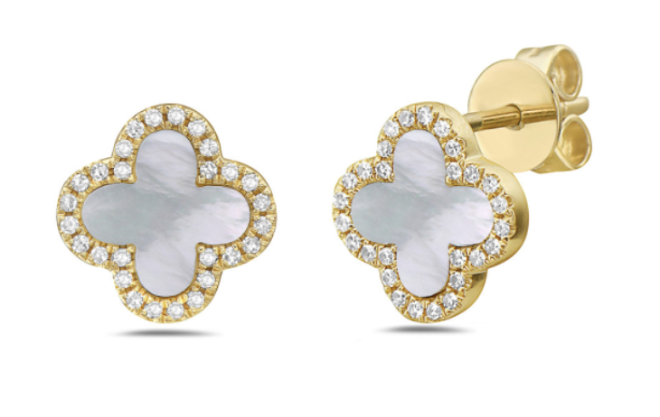 14K Yellow Gold Mother of Pearl &amp; Diamond Quatrefoil Stud Earrings