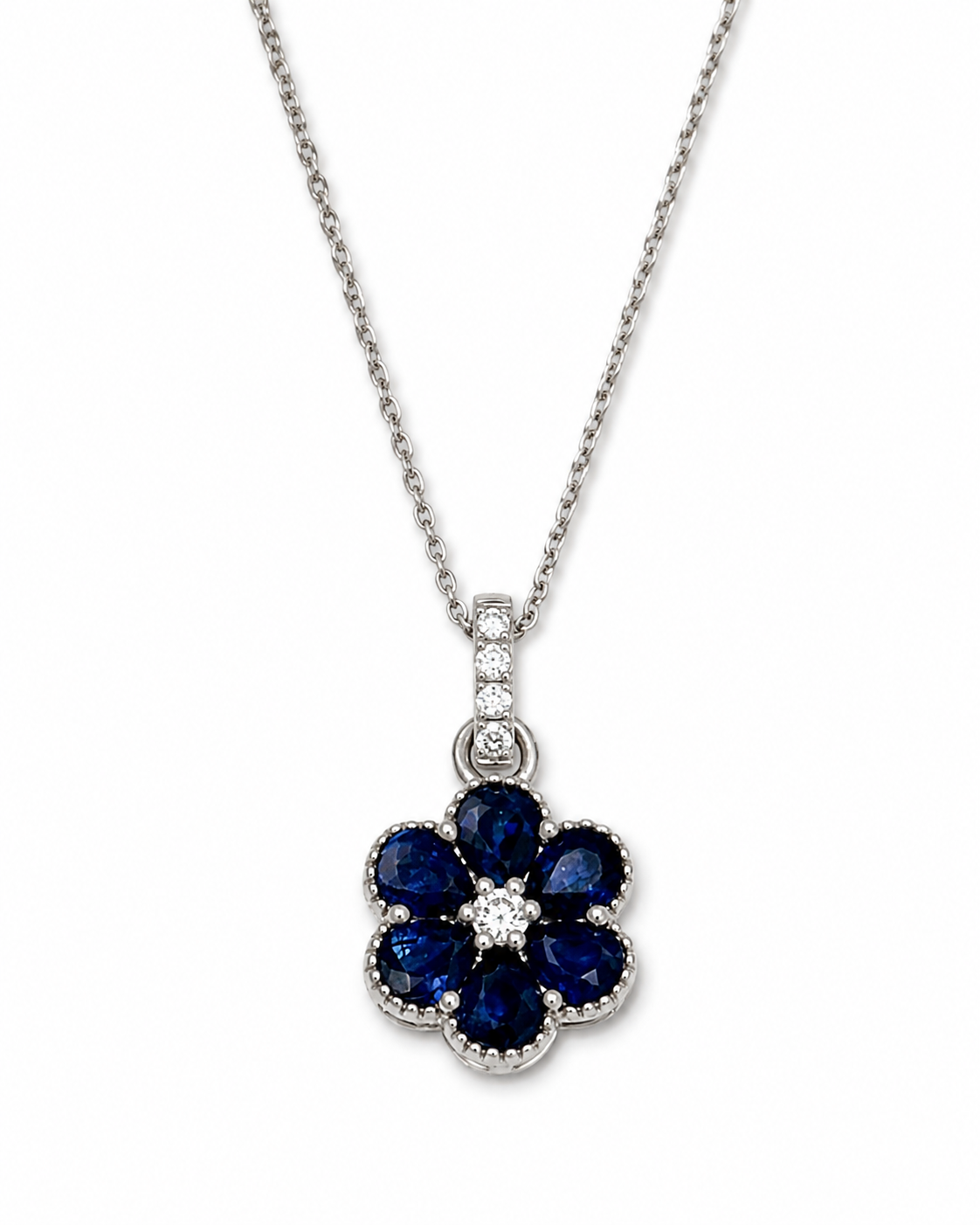 14K White Gold Sapphire &amp; Diamond Six-Petal Flower Necklace