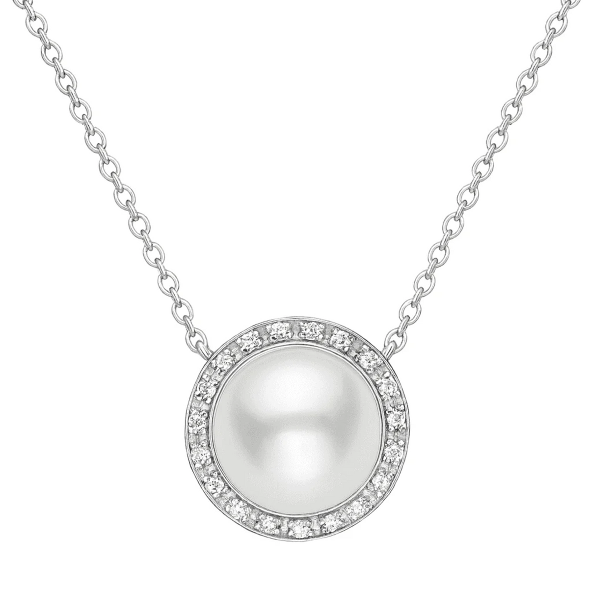 14K White Gold Freshwater Pearl &amp; Diamond Halo Necklace – .16 CTW