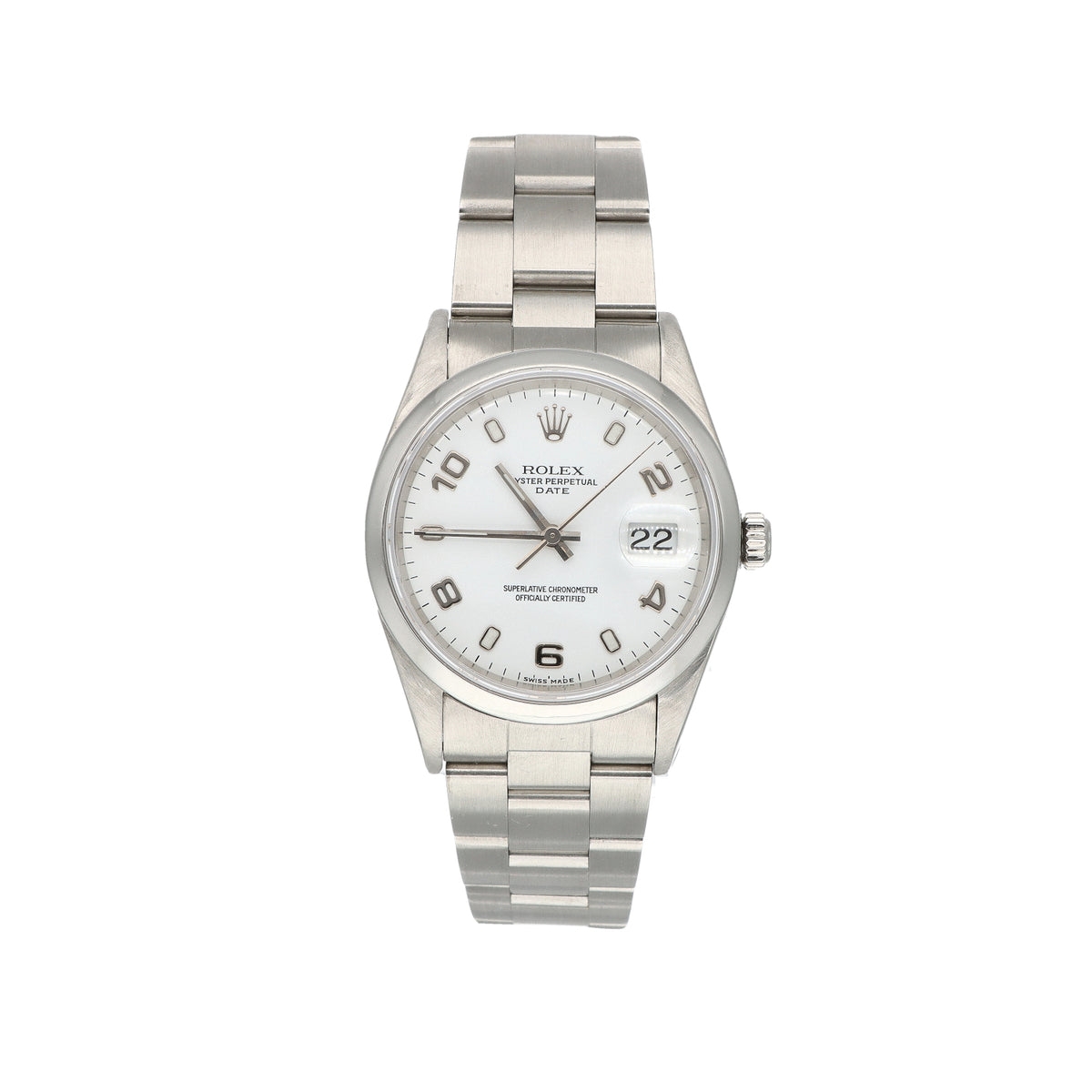 Pre-Owned Rolex Oyster Perpetual Date 15200 34mm White Roman Dial Oyster Bracelet – P Serial, Circa 2000