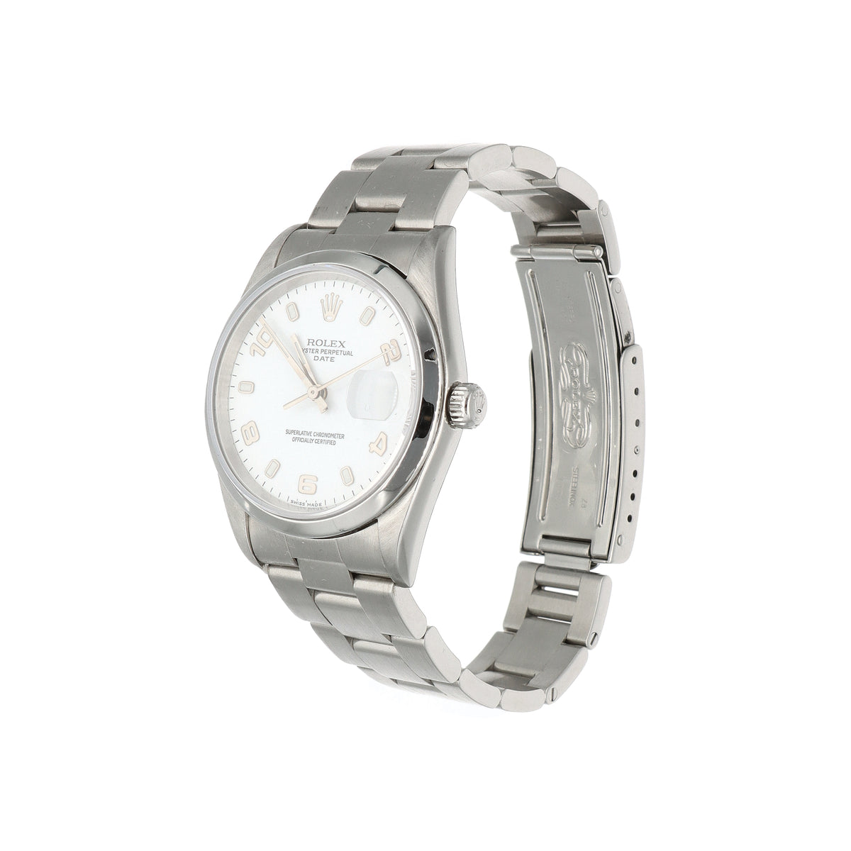 Pre-Owned Rolex Oyster Perpetual Date 15200 34mm White Roman Dial Oyster Bracelet – P Serial, Circa 2000
