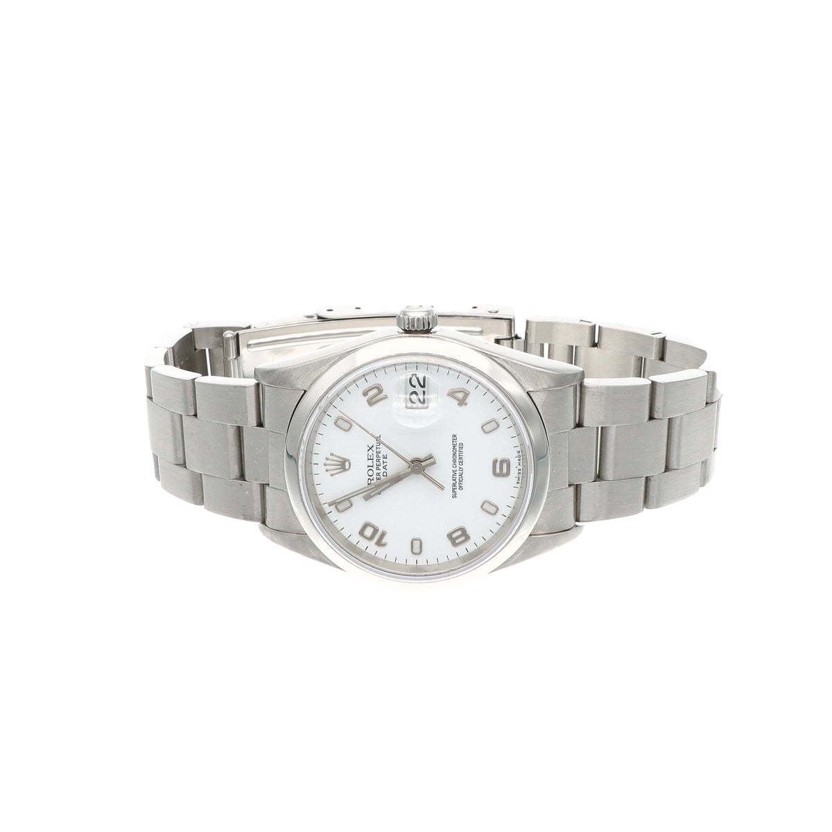 Pre-Owned Rolex Oyster Perpetual Date 15200 34mm White Roman Dial Oyster Bracelet – P Serial, Circa 2000