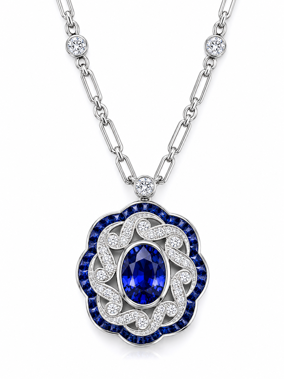 18K White Gold Art Deco Sapphire &amp; Diamond Pendant Necklace – 1.73 CTW Sapphire