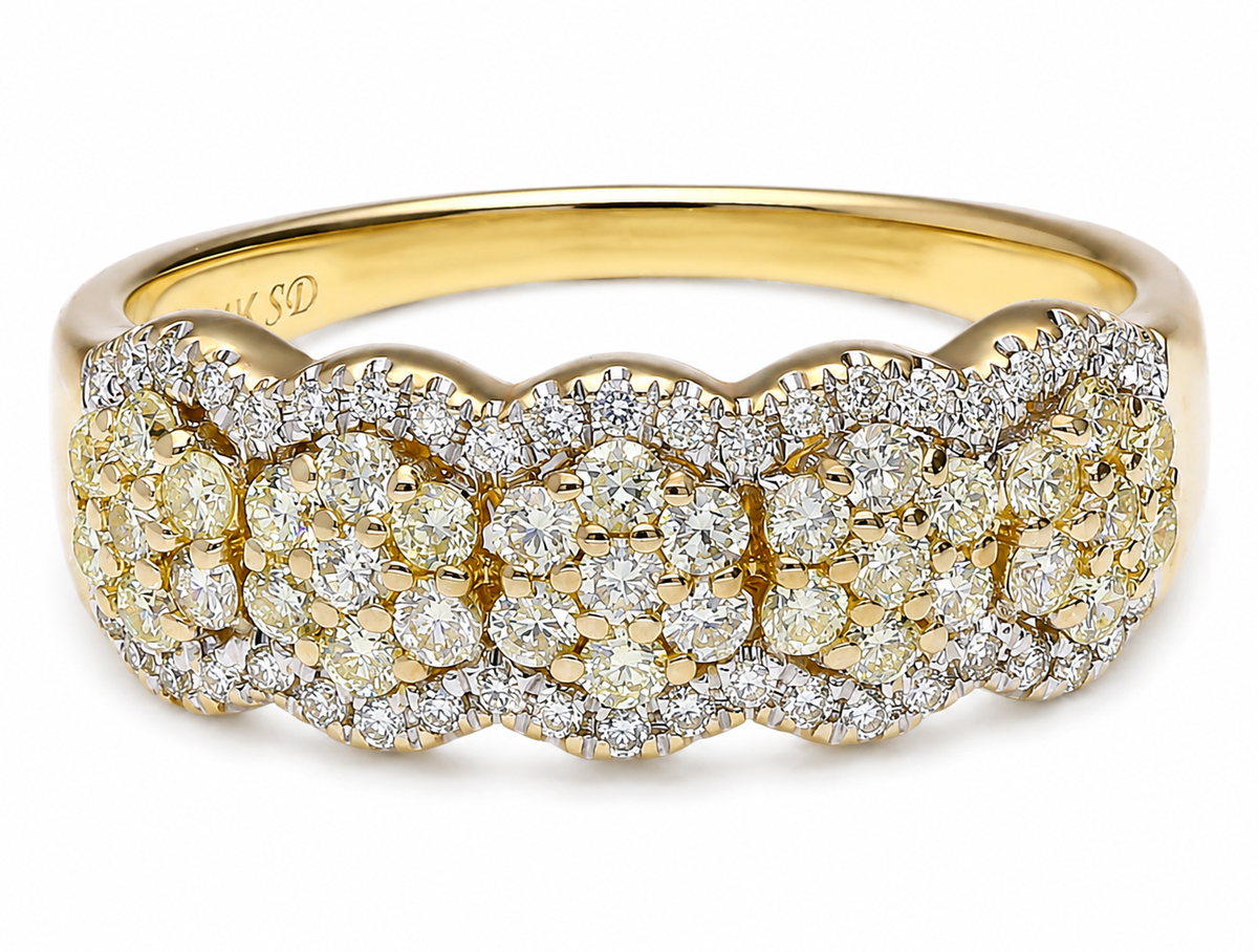 14K Yellow Gold Natural Yellow &amp; White Diamond Cluster Band Ring