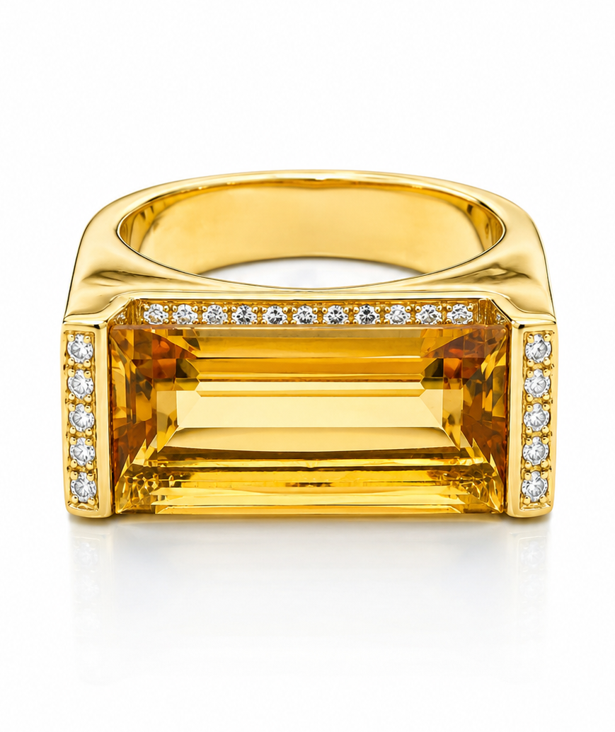 18K Yellow Gold Citrine &amp; Diamond Statement Ring | Emerald Cut Citrine Ring