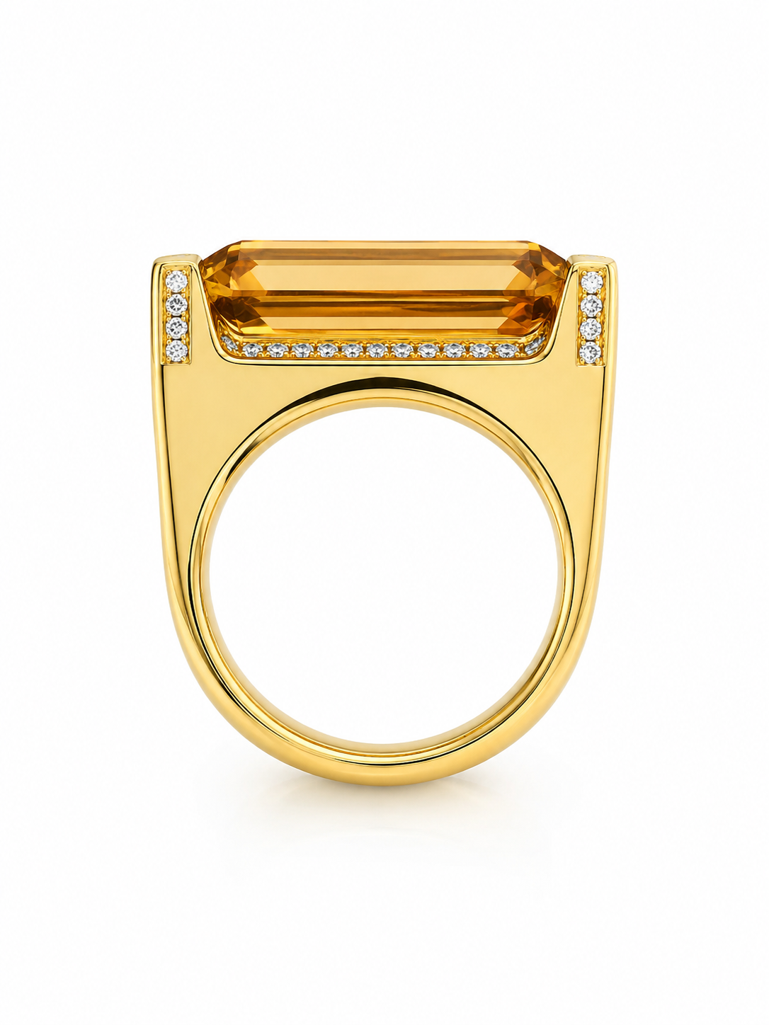 18K Yellow Gold Citrine &amp; Diamond Statement Ring | Emerald Cut Citrine Ring