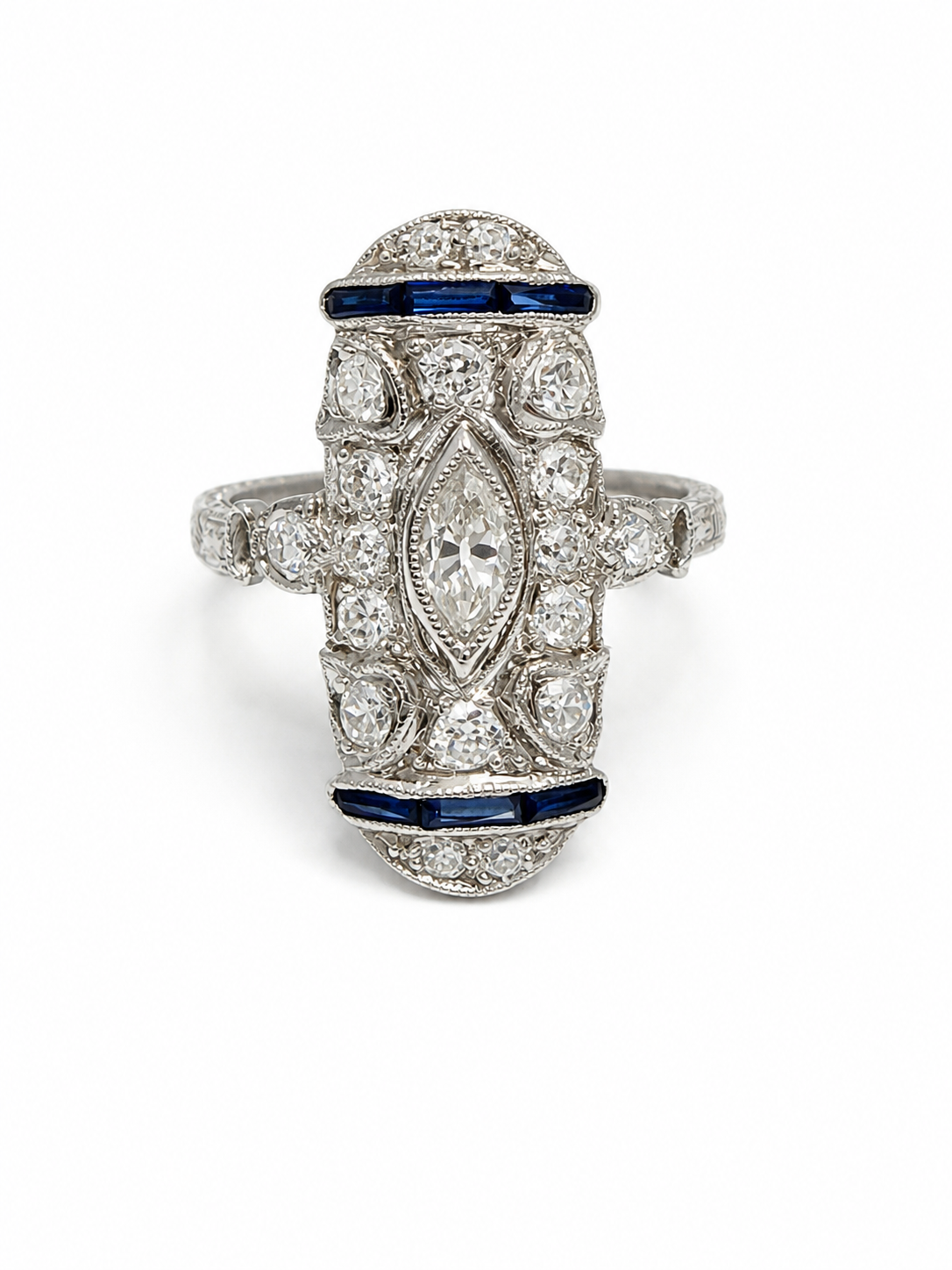 Platinum Estate Diamond &amp; Sapphire Art Deco Ring | Marquise Diamond Vintage Ring