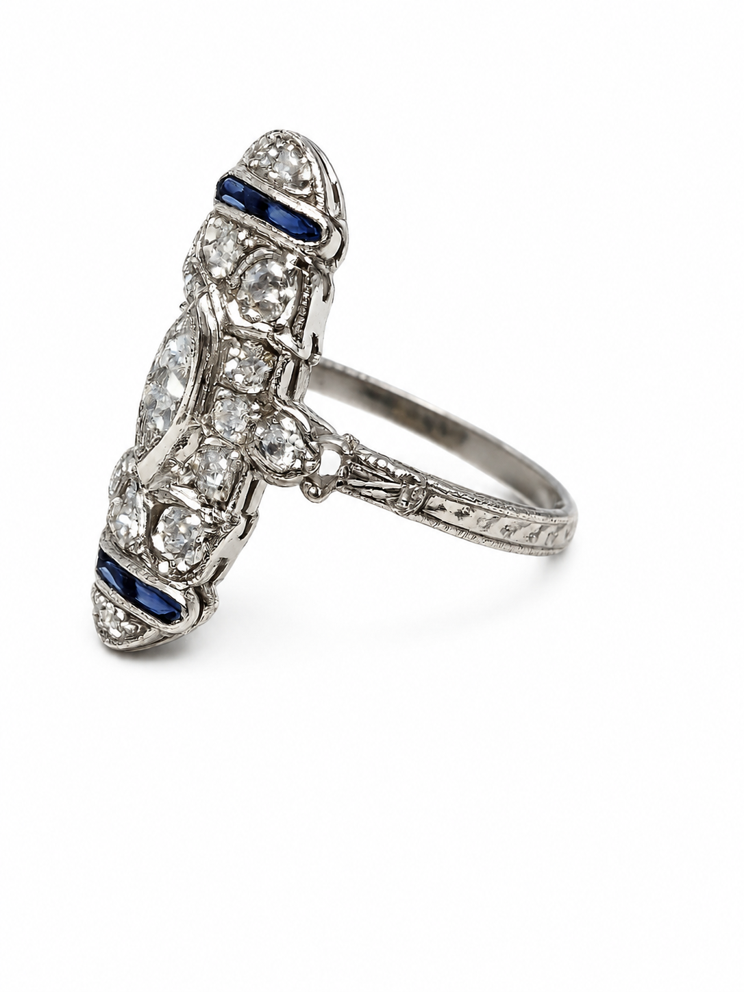 Platinum Estate Diamond &amp; Sapphire Art Deco Ring | Marquise Diamond Vintage Ring