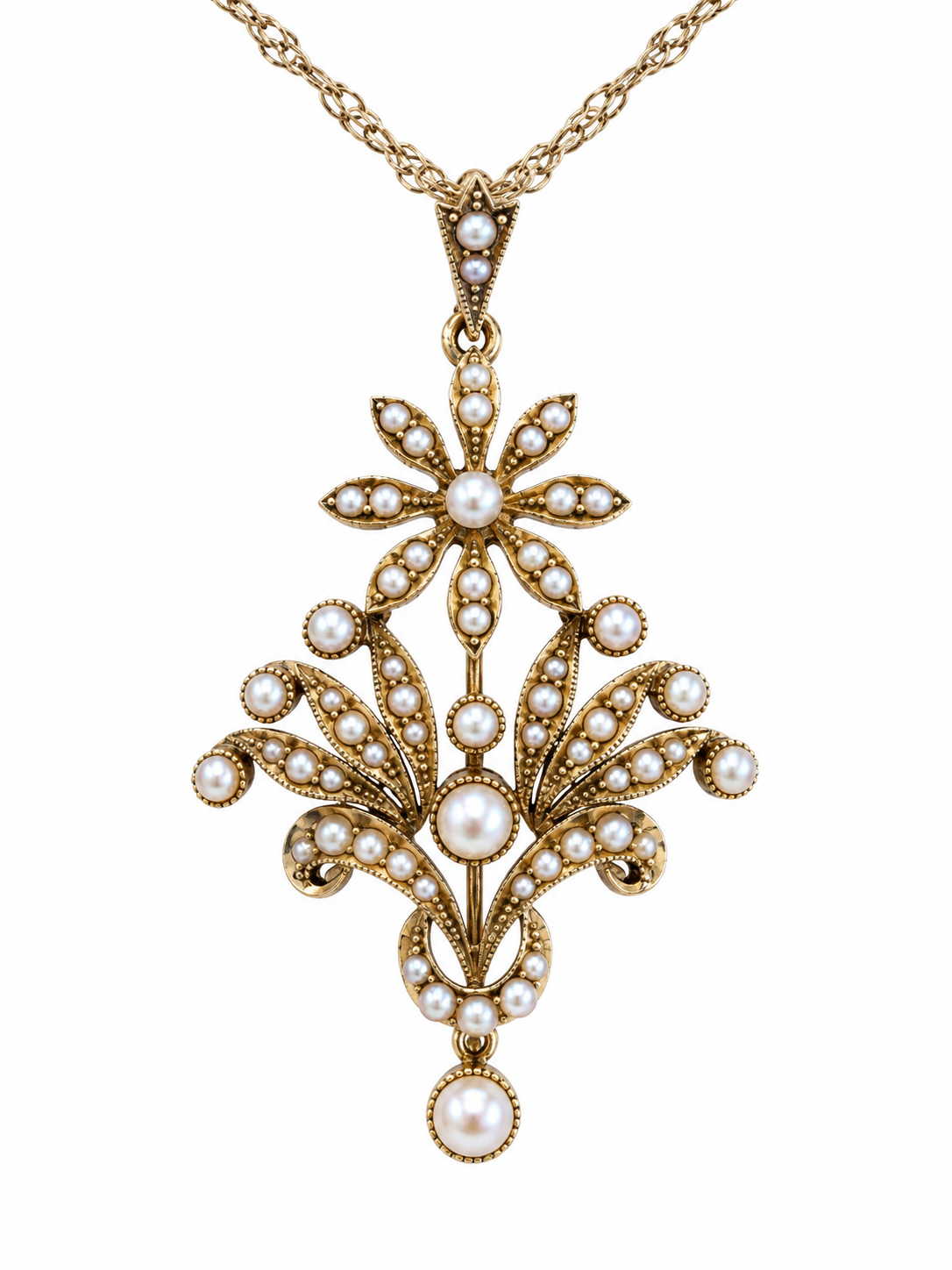 Vintage 14K Yellow Gold Seed Pearl Floral Pendant Necklace – .61 CTW
