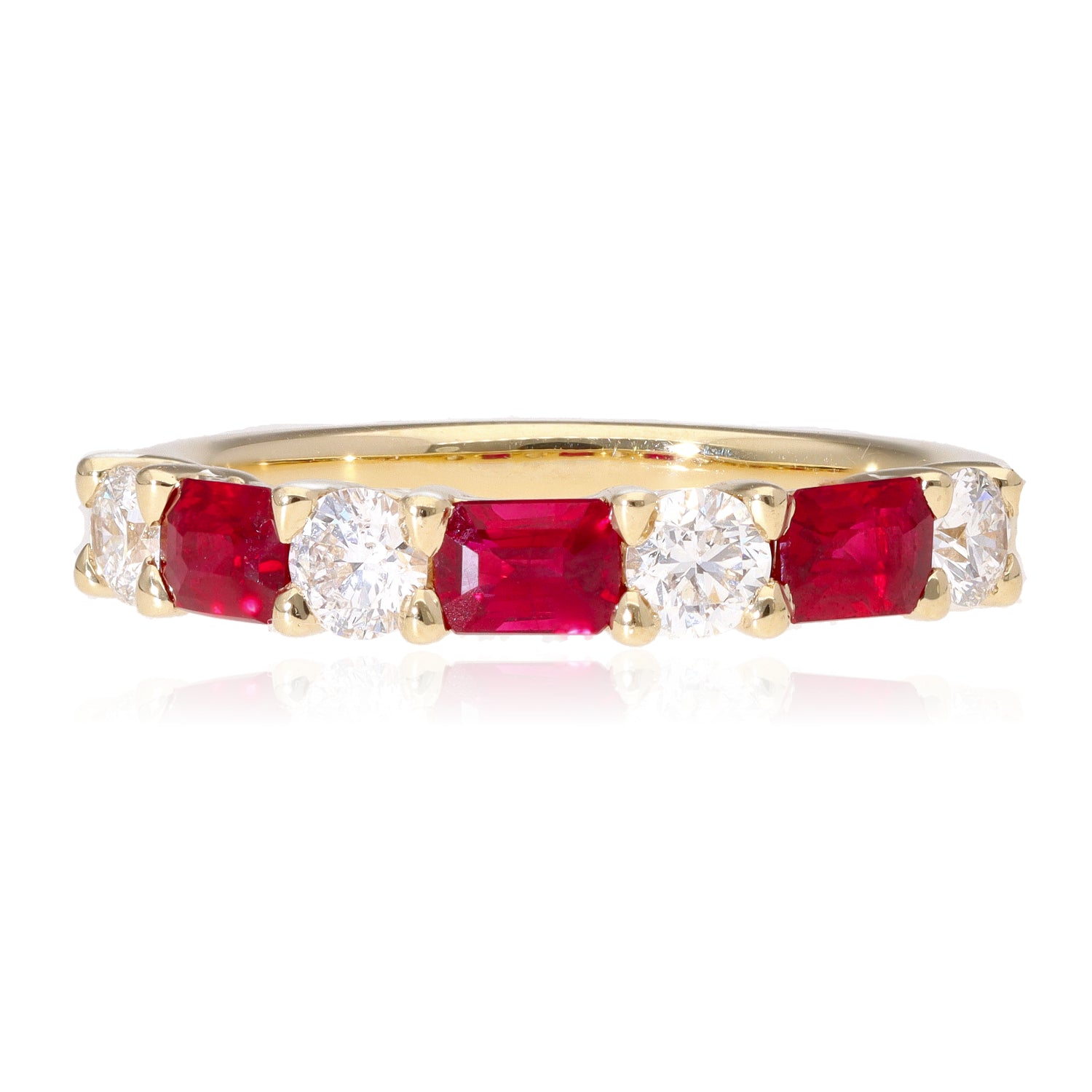 14 Yellow Shared Prong 0.70ct Emerald Cut Rubies &amp; .43ctw Round Diamonds Band