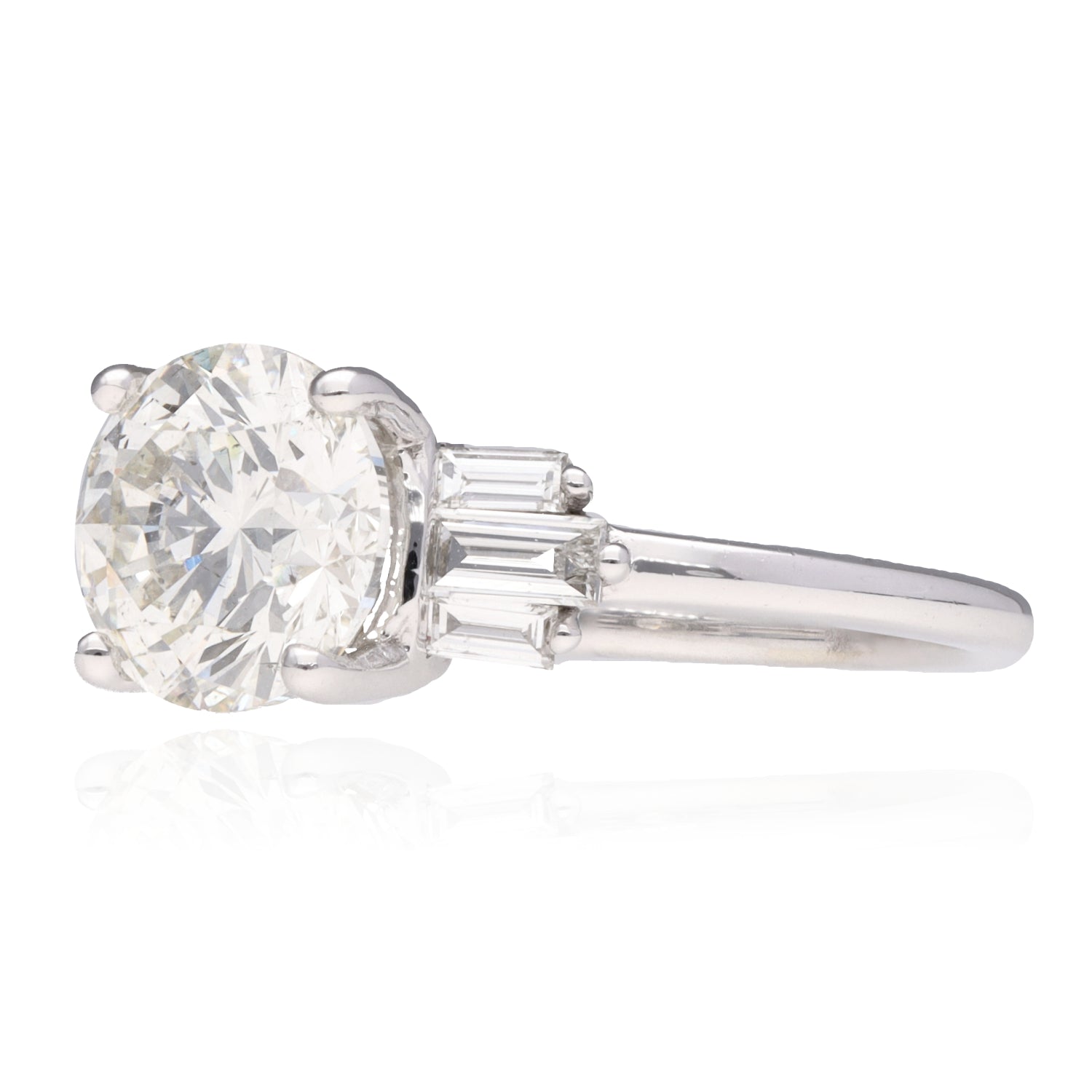 14K White Art Deco Engagement Ring 2.01ct Round Brilliant with Six Baguettes .26ctw