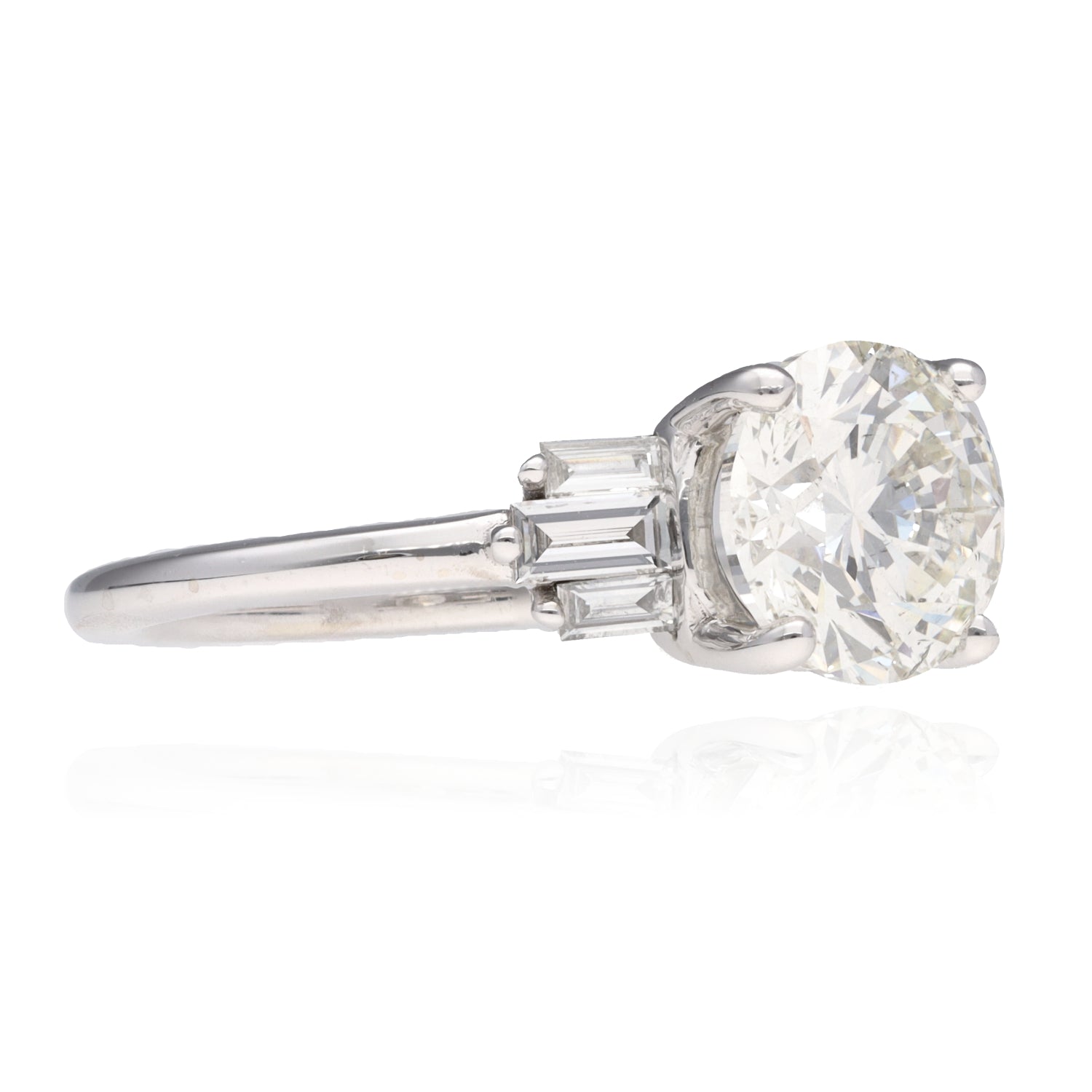 14K White Art Deco Engagement Ring 2.01ct Round Brilliant with Six Baguettes .26ctw