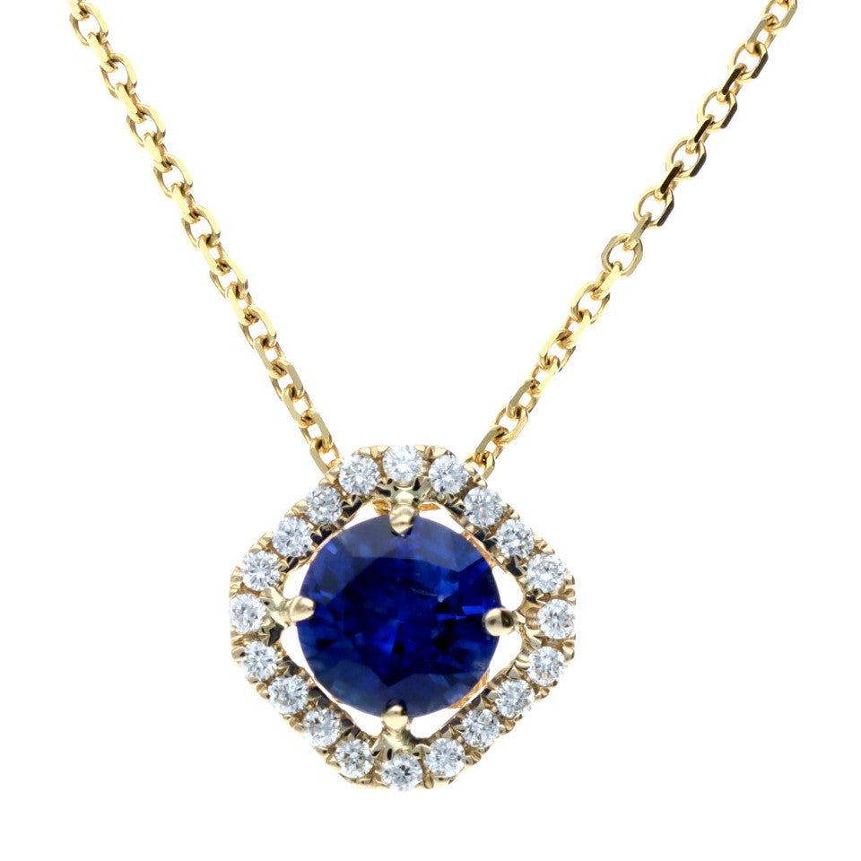14K Yellow .92ct Sapphire with Square Diamond .13tw Halo Pendant