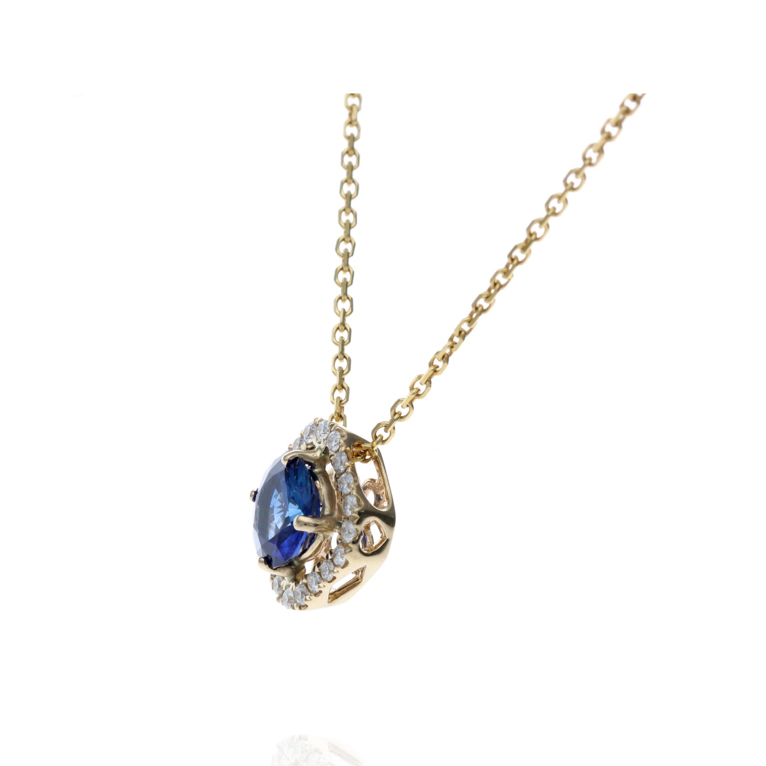 14K Yellow .92ct Sapphire with Square Diamond .13tw Halo Pendant
