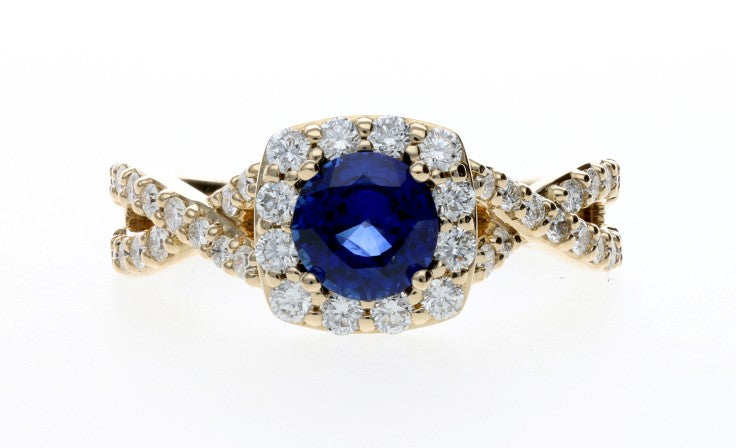 14K Yellow .97ct Round Sapphire Halo Ring with Twisted Band D=0.60ctw
