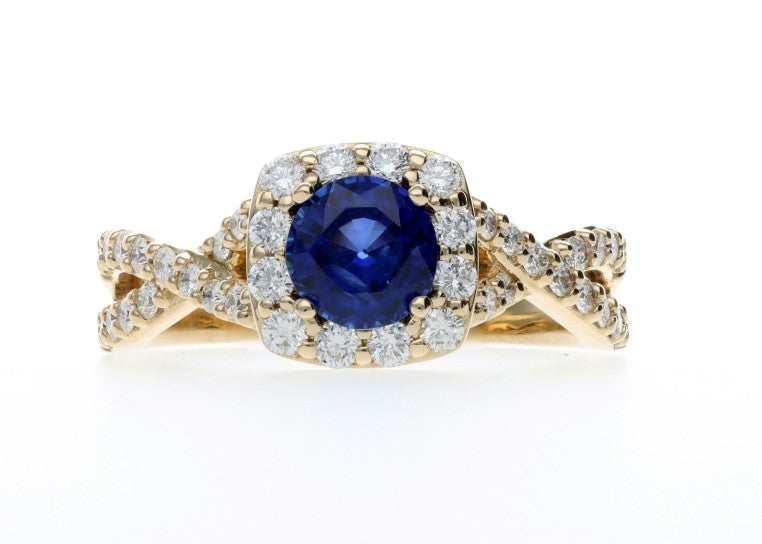 14K Yellow .97ct Round Sapphire Halo Ring with Twisted Band D=0.60ctw