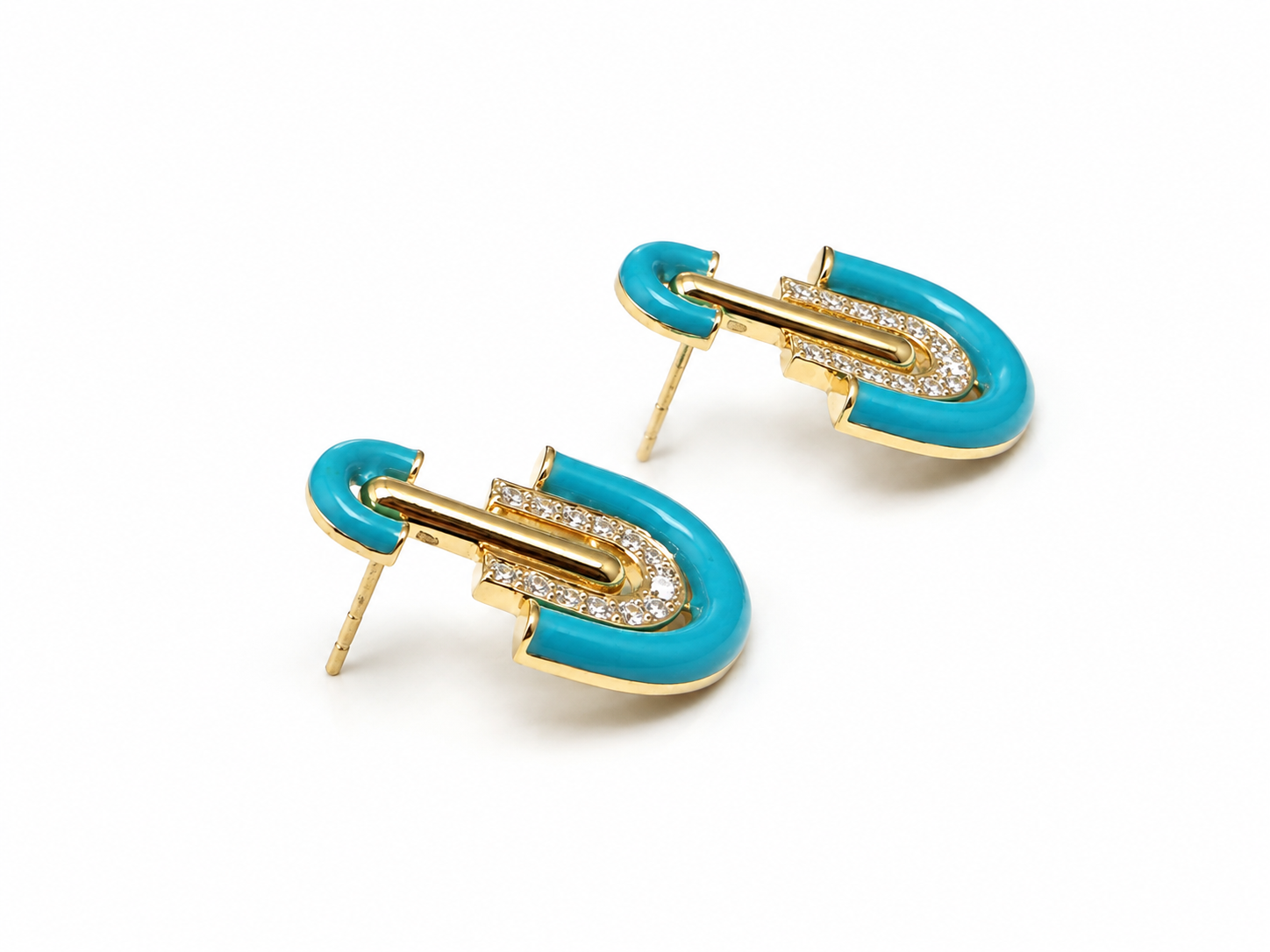 14K Yellow Gold Blue Enamel Diamond Earrings – 0.57 CTW Diamond Geometric Earrings