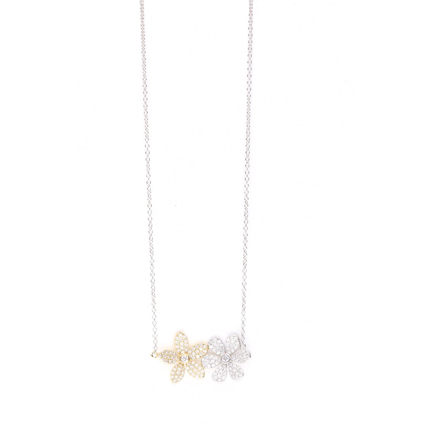14K White &amp; Yellow Gold Diamond Pave Double Flower Necklace