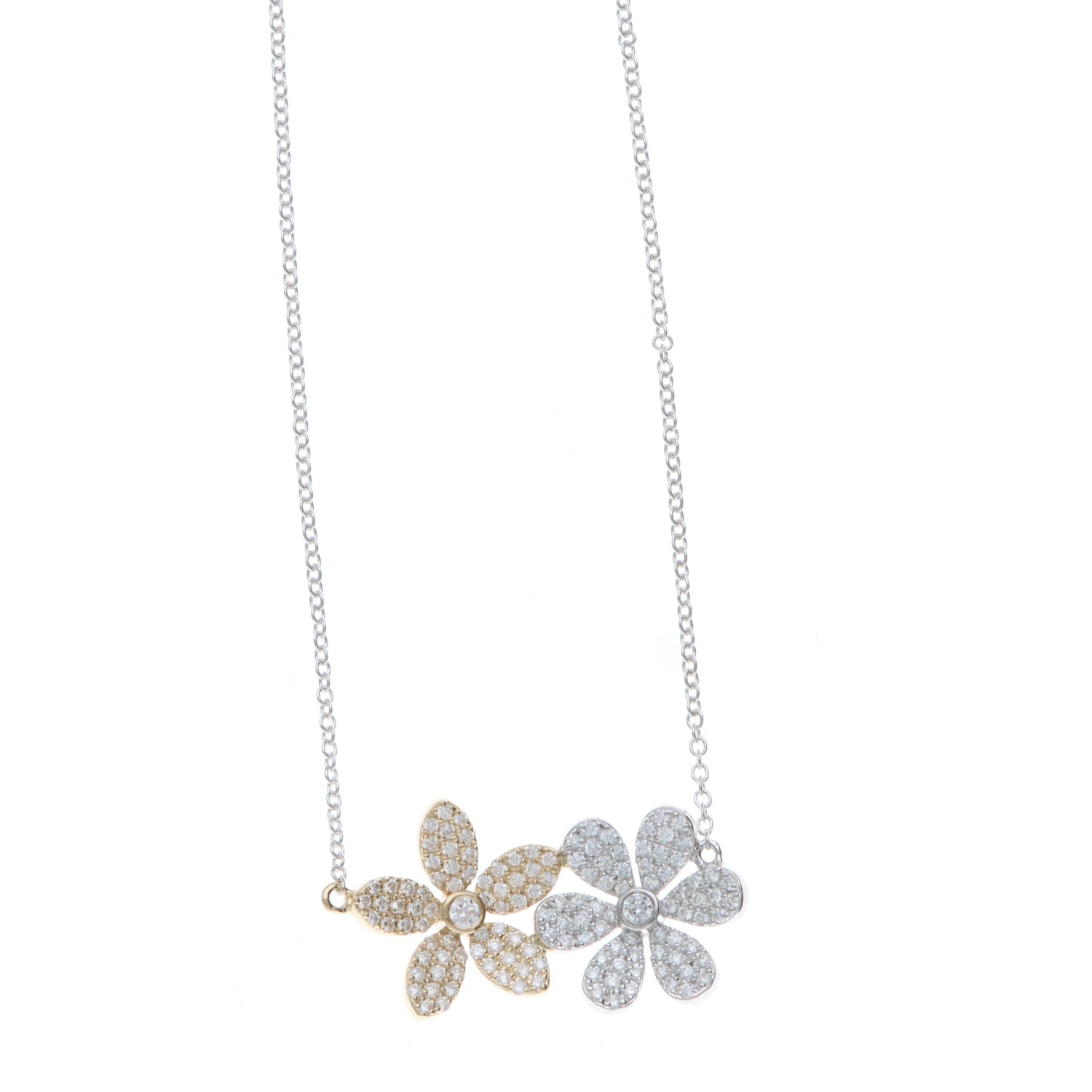 14K White &amp; Yellow Gold Diamond Pave Double Flower Necklace