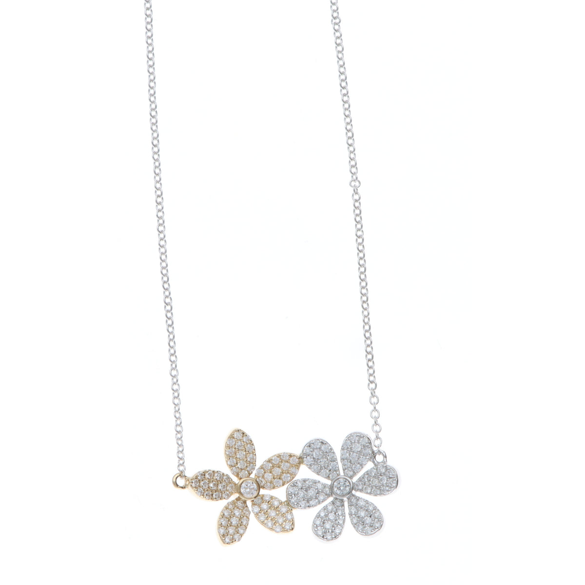 14K White &amp; Yellow Gold Diamond Pave Double Flower Necklace
