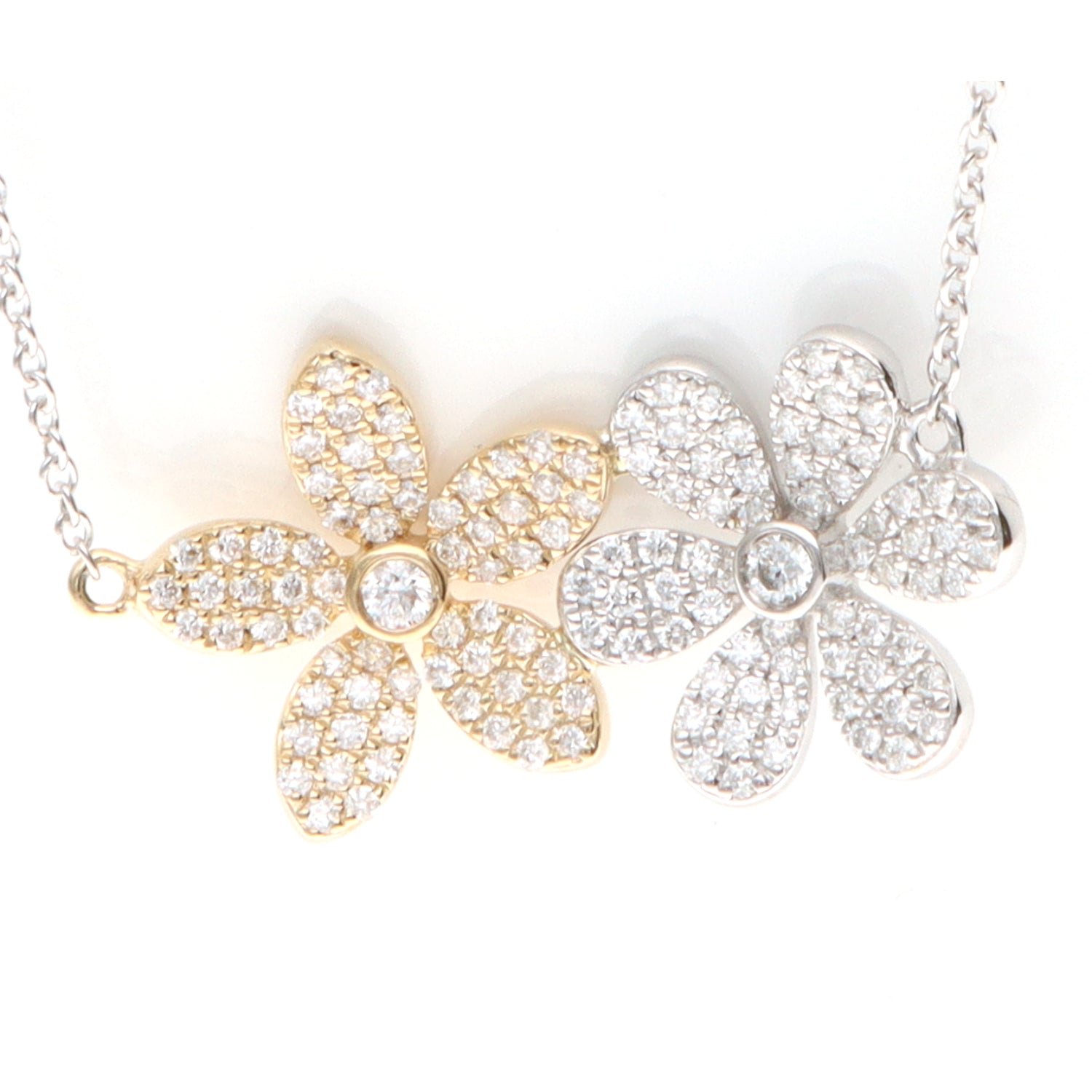 14K White &amp; Yellow Gold Diamond Pave Double Flower Necklace