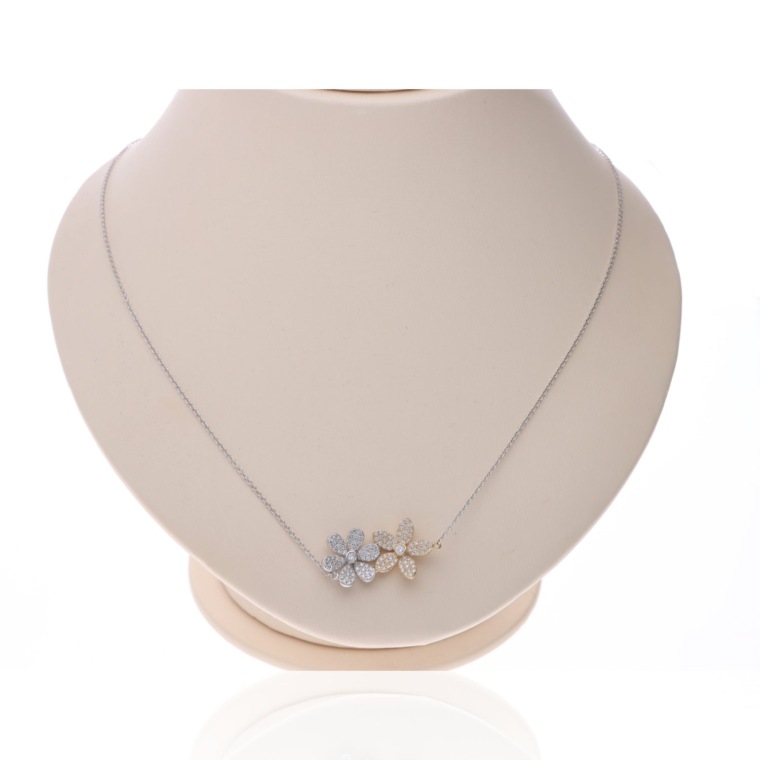 14K White &amp; Yellow Gold Diamond Pave Double Flower Necklace