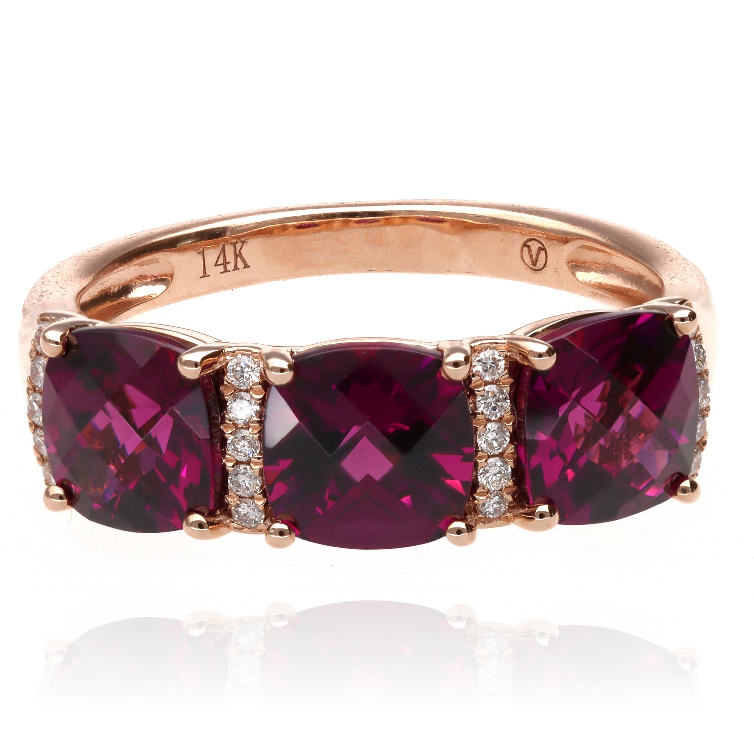 14K Rose Three Stone Cushion Garnet Ring